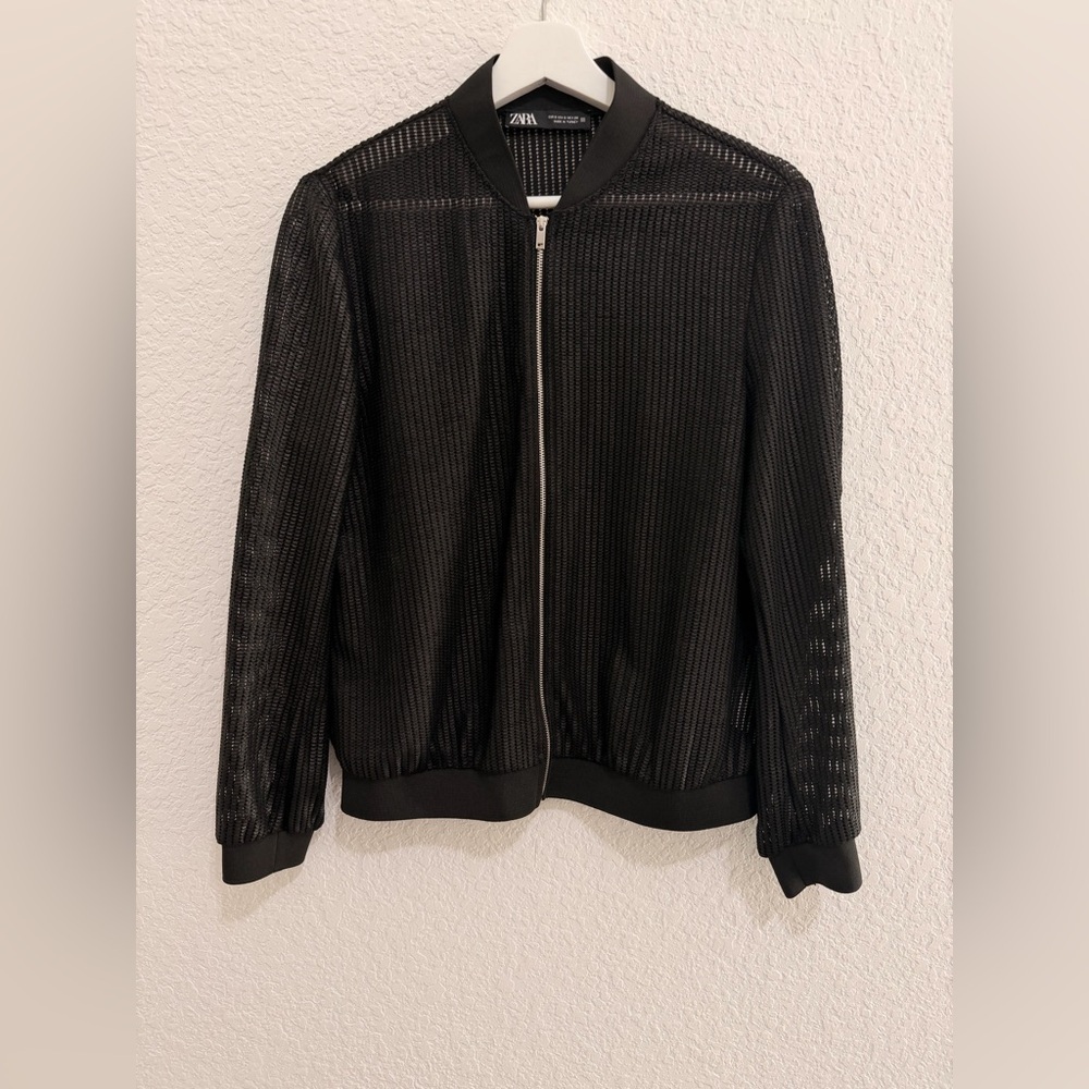 Zara Black Mesh Bomber Jacket | Silver Zipper Lightweight Jacket